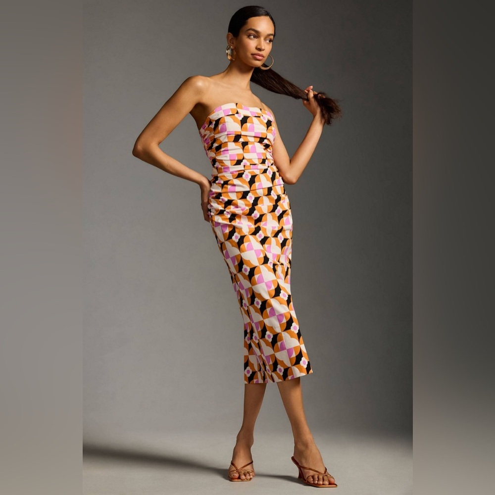 By Anthropologie Printed Strapless Slim Ruched Geometric Midi Dress